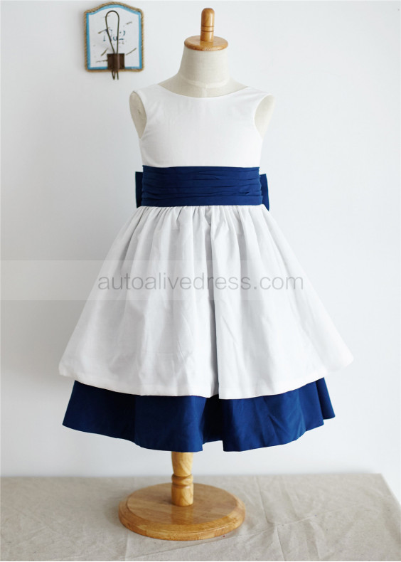 Ivory And Navy Blue Cotton V Back Flower Girl Dress